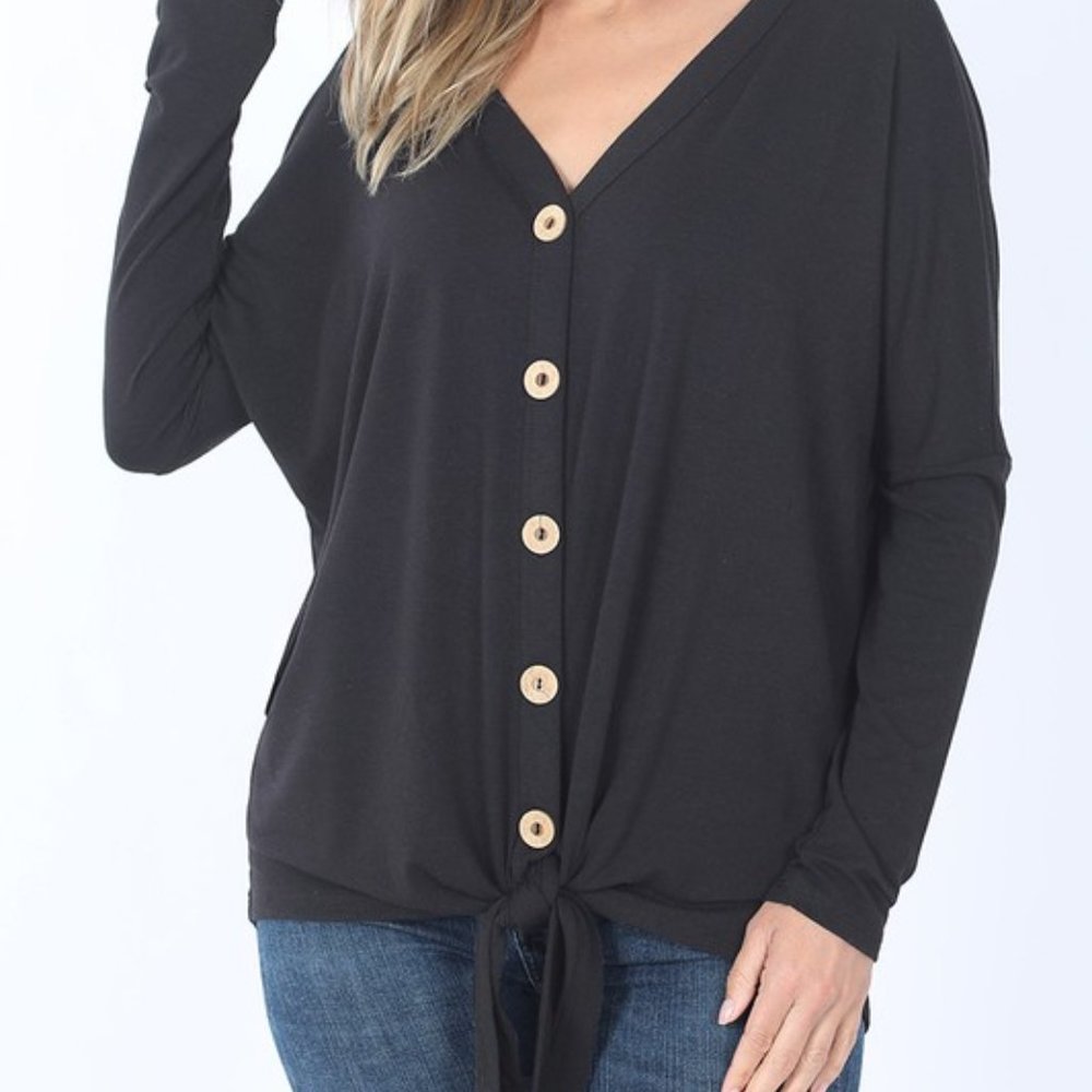 Zenana Outfitters Black Tie Front Button Top NWT
